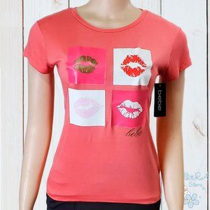 NWT BEBE AUTHENTIC KISSES WOMEN'S CORAL CREW NECK SHORT SLEEVE T-SHIRT SIZE M L